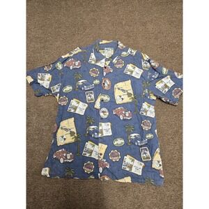 Vintage Big Dogs Aloha Shirt XL Blue Hawaiian Print Classic Cars Travel Rayon